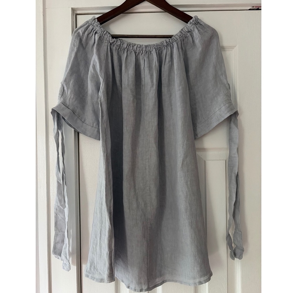 Meo Meli‎ Italy Grey 100% Linen Off Shoulder Tie Sleeve Tunic Top O/S